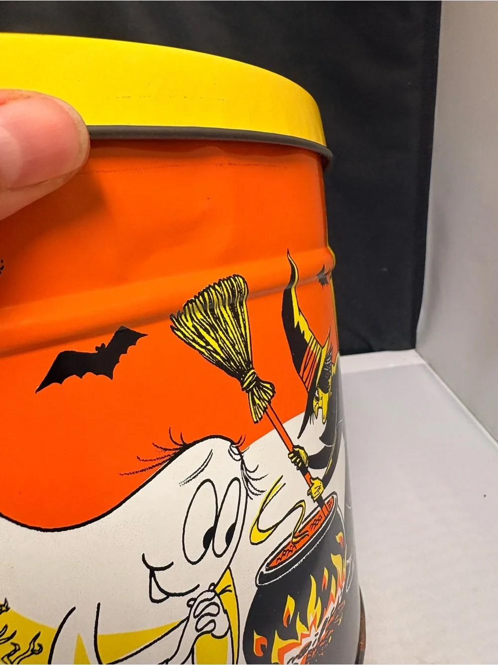 VTG Halloween Metal Tin Storage Litho Bucket Witch Ghost Skeleton Creepy Cool